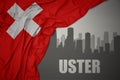 Abstract silhouette of the city with text Uster near waving national flag of switzerland on a gray background Royalty Free Stock Photo