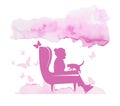 Abstract silhouette of an elderly woman is reading with a cat. Pink watercolor. Vector illustration Royalty Free Stock Photo