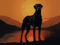 An abstract silhouette of a Great Dane dog standing by the lake at night. AI Generative