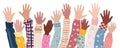 Group of arms and raised hands of multiethnic joyful children.Teamwork kindergarten or school of multicultural children.Friendship