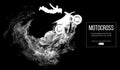 Abstract silhouette of a motocross rider on dark black background from particles dust, smoke, steam. Vector illustration Royalty Free Stock Photo