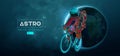 Abstract silhouette of a road bike racer, astronaut is riding on sport bicycle in space action and Earth, Mars, planets