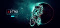 Abstract silhouette of a road bike racer, astronaut is riding on sport bicycle in space action and Earth, Mars, planets