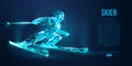 Abstract silhouette of a skier jumping from particles on blue background low poly neon wire outline geometric vector ski