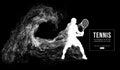 Abstract silhouette of a tennis player man male on dark black background from particles. Tennis player hits the ball. Royalty Free Stock Photo