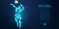 Abstract silhouette of volleyball player man, male with volleyball ball. Low poly neon wire outline geometric. Vector