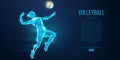 Abstract silhouette of volleyball player woman, girl, female with volleyball ball. Low poly neon wire outline. Vector