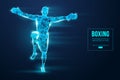 Abstract silhouette of a wireframe boxer fighter with boxing gloves on the blue background. Boxer is winner. Vector Royalty Free Stock Photo