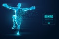 Abstract silhouette of a wireframe boxer fighter with boxing gloves on the blue background. Boxer is winner. Vector Royalty Free Stock Photo