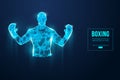 Abstract silhouette of a wireframe boxer fighter with boxing gloves on the blue background. Boxer is winner. Vector Royalty Free Stock Photo
