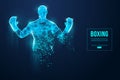 Abstract silhouette of a wireframe boxer fighter with boxing gloves on the blue background. Boxer is winner. Vector Royalty Free Stock Photo