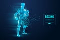 Abstract silhouette of a wireframe boxer fighter with boxing gloves on the blue background. Boxer is winner. Vector