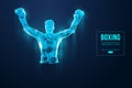 Abstract silhouette of a wireframe boxer fighter with boxing gloves on the blue background. Boxer is winner. Vector Royalty Free Stock Photo