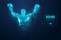 Abstract silhouette of a wireframe boxer fighter with boxing gloves on the blue background. Boxer is winner. Vector Royalty Free Stock Photo