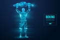 Abstract silhouette of a wireframe boxer fighter with boxing gloves on the blue background. Boxer is winner. Vector Royalty Free Stock Photo