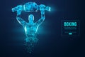 Abstract silhouette of a wireframe boxer fighter with boxing gloves on the blue background. Boxer is winner. Vector Royalty Free Stock Photo