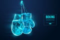 Abstract silhouette of a wireframe boxer gloves on the blue background. Boxing sports equipment. Boxer is winner. Vector