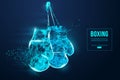 Abstract silhouette of a wireframe boxer gloves on the blue background. Boxing sports equipment. Boxer is winner. Vector