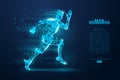 Abstract silhouette of a wireframe running athlete, man on the blue background. Athlete runs sprint and marathon