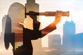 Abstract silhouette of woman with telescope looking into the distance on bright city background with mock up place. Future, Royalty Free Stock Photo