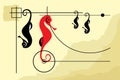 Abstract silhouettes of black seahorses hanging upside down and one red seahorse on vintage brown background. Cartoon vector