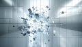 Abstract Silver Cubes Exploding in Shattered Fragments on Geometric Pattern Royalty Free Stock Photo
