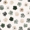 Abstract simple flowers print. Beige green black colored daisy flowers with dotted doodle texture background Royalty Free Stock Photo