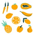 Abstract simple orange fruit and vegetables set, vegeterian food collection. Fresh doodle kids pineapple, apple, sliced papaya,