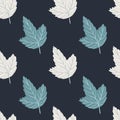 Abstract simple seamless pattern wih blue and white outline leaves. Navy blue dark background Royalty Free Stock Photo