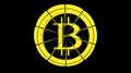 Abstract simple yellow bitcoin icon with cracks on a black background. The concept: the collapse of the crypto currency, the fall