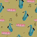 Abstract singing mic seamless pattern with music notes,