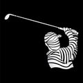 Abstract sketch of the bust of a white man playing golf with a golf club in his hands formed by thick lines on a black background