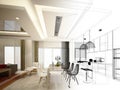 Abstract sketch design of interior dining and kitchen room ,3d Royalty Free Stock Photo