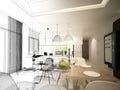 Abstract sketch design of interior dining and kitchen room ,3d Royalty Free Stock Photo