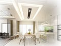 Abstract sketch design of interior dining and kitchen room ,3d Royalty Free Stock Photo