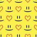 Abstract sketch of the eyes and smiling mouth. Contour of the heart. Seamless pattern.