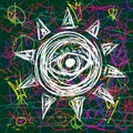 Abstract sketch of the sun with eye and other elements drawn by hand. Doodle, sketch, graffiti. Vector illustration.