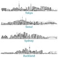 Abstract skylines of Tokyo, Seoul, Sydney and Auckland in grey scales.