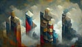 Abstract skyscrapers in the clouds. Painting in the style of cubism. Modern painting. Imitation of artistic oil painting