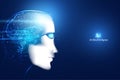 smart artificial intelligence digital futuristic technology face with brain wireframe blue concept ai humanoid head