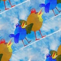 Abstract birds blue ocher green walking on condensation trails on blue sky diagonally