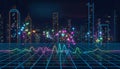 Abstract Smart City Concept with Neon Grid, Colorful Data Particles, and a Pulsating Sound Wave Visualization Royalty Free Stock Photo