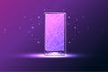Abstract smartphone, cell phone in futuristic glowing low polygonal style on purple background. Royalty Free Stock Photo