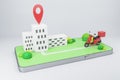 Abstract smartphone with map, moped and location mark on white background. Delivery, technology and online purchase concept. 3D Royalty Free Stock Photo
