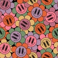 Abstract smiling flower face seamless pattern in 70s hippie style