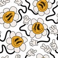 Abstract smiling flower face seamless pattern in 70s hippie style Royalty Free Stock Photo