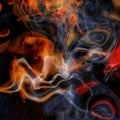 Abstract Smoke Swirls In Bright Orange Red Neon Colors On Black Background