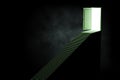 Abstract smoky dark background with stairs and open bright light door. Hard road to success concept. Royalty Free Stock Photo
