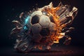 Abstract Soccer ball on fire, exploding y surrounded by blue energy glowing Royalty Free Stock Photo