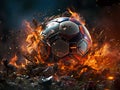 Abstract Soccer ball on fire surrounded by burning rubble and debris and sparks flying Royalty Free Stock Photo